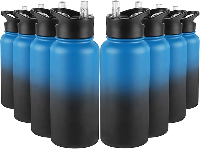 32 Oz Insulated Water Bottle Bulk 8 Pack, Stainless Steel Sports Water Bottles with Straw Lid & Wide Mouth Lids, Double Walled Vacuum, Leak Proof, Blue Black Gradient