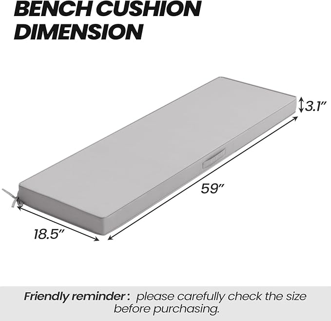 Crestlive Outdoor Bench Cushion 48 x 18 Inch, Waterproof Patio Furniture Cushions, Fade-Resistant Porch Swing Replacement Pad, Adjustable Straps and Handle, Gray