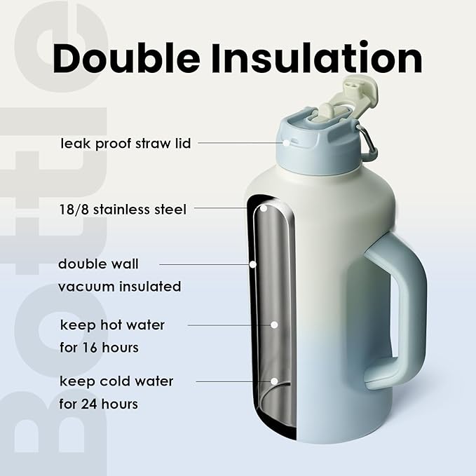 BOTTLE BOTTLE Insulated Water Bottle 64 oz with Straw and Dual-use Lid Stainless Steel Water Bottle with Handle Vacuum for Workout and Sports gray blue
