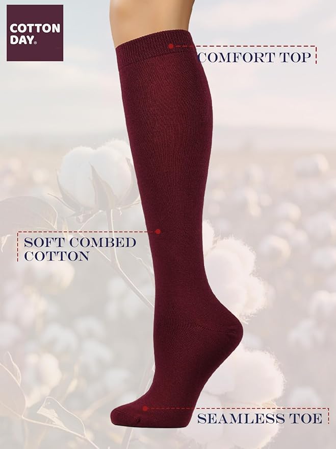 COTTON DAY Women's Soft Combed Cotton Knee High Long Calf Dress Socks Seamless Toe Black White Gray Navy Blue Brown