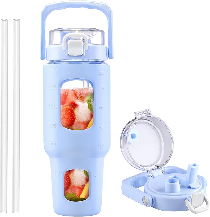 BLUEGO 40 oz Glass Water Bottle With Straw, Leakproof With Time Marker and Silicone Sleeve, Wide Mouth for Travel, Gym, Workout, Blue