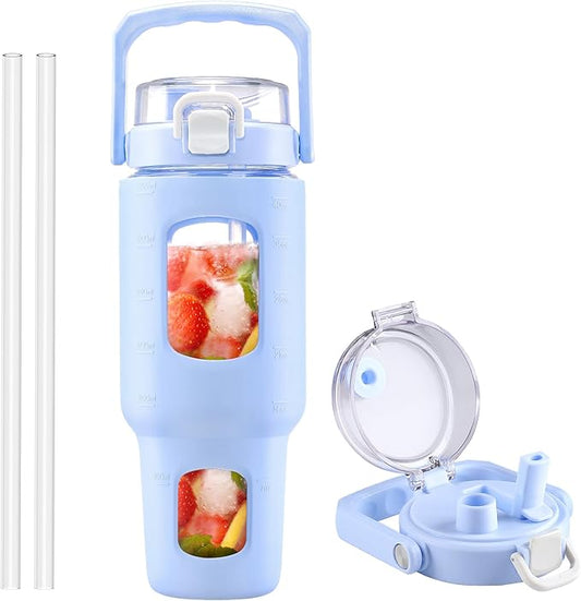 BLUEGO 40 oz Glass Water Bottle With Straw, Leakproof With Time Marker and Silicone Sleeve, Wide Mouth for Travel, Gym, Workout, Blue