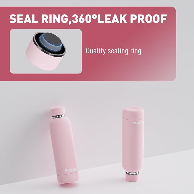 Slim Insulated Water Bottles for Travel 18oz with Clip, Double Wall Vacuum Stainless Steel Water Bottle Keeps Drinks Cold 24 Hrs/Hot 12 Hrs, 100% Leakproof, BPA Free(Pink)