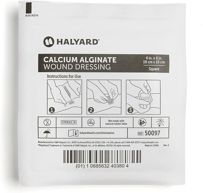 HALYARD Calcium Alginate Wound Dressing, Gentle Adhesive with Highly Absorbent Conformable Design, Maintains Structural Integrity 4 Inch x 4 Inch (Box of 10)