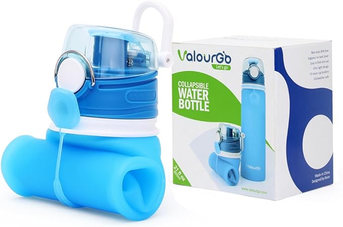 Valourgo Collapsible Water Bottle, Silicone Foldable with Leak Proof Valve BPA Free, Aqua Blue, 21 oz
