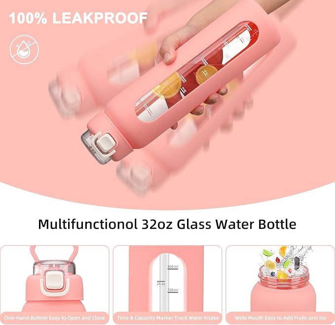 32 oz Glass Water Bottles with 2 Lids-Handle Spout Lid & Straw Lid, 1 Liter Motivational Borosilicate Water Bottle with Time Marker and Silicone Sleeve,Leakproof-Pink-1 Pack