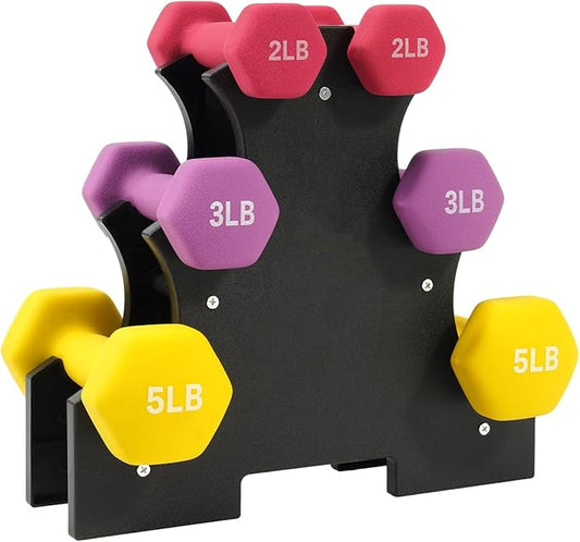 Neoprene Dumbbell Set for Women 2-5 lb | 3 Pairs Hand Weights Set with Rack, Hex Anti-Roll, Color-Coded Home Gym Gifts