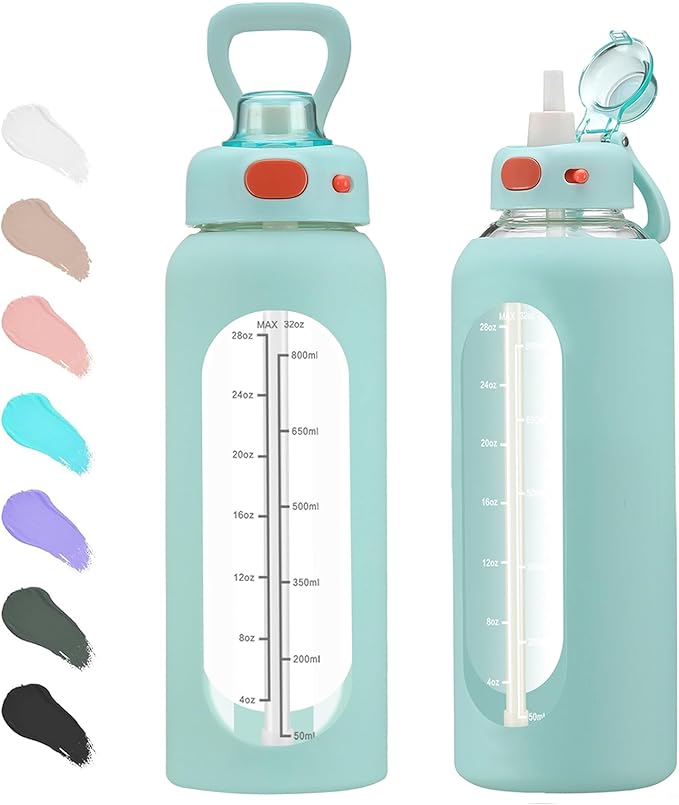 SIEROZUR 32 Glass Water Bottle with Straw and Handle Motivational Water Bottles with Silicone Sleeve and Time Marker Leakproof Borosilicate Water Bottle for Gym Home Office
