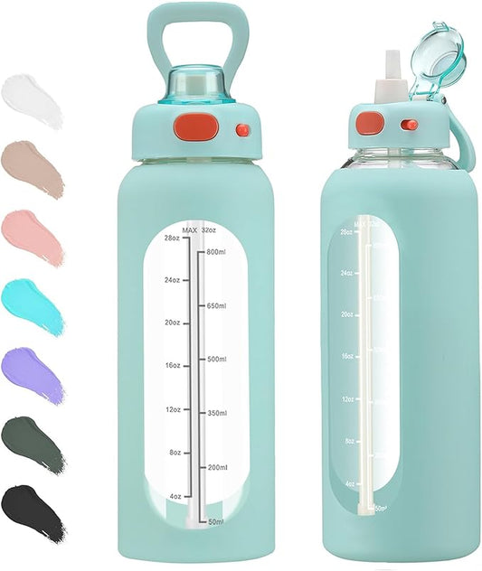 SIEROZUR 32 Glass Water Bottle with Straw and Handle Motivational Water Bottles with Silicone Sleeve and Time Marker Leakproof Borosilicate Water Bottle for Gym Home Office