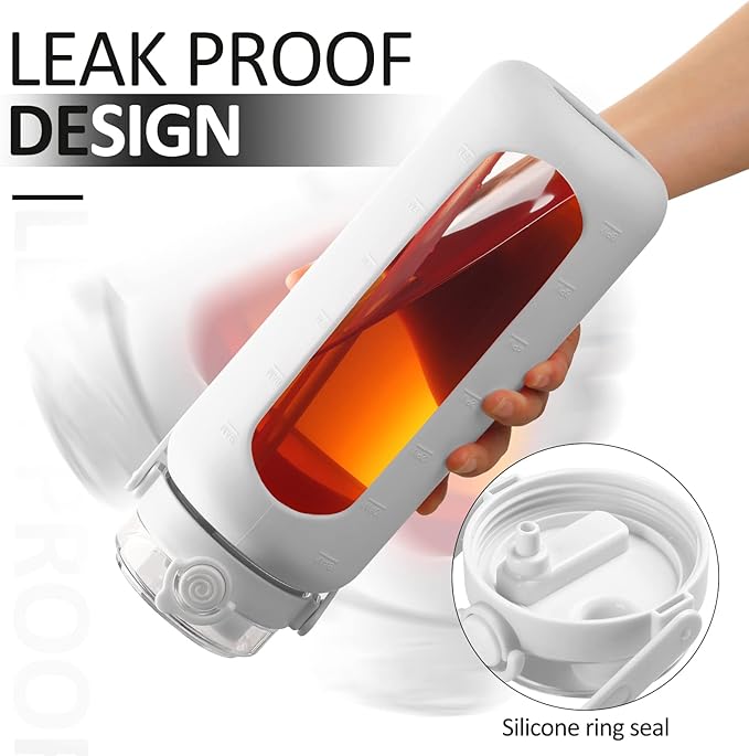 BLUEGO 64oz Glass Water Bottles with Straw Time Marker Half Gallon Large Motivational Water Bottle with Silicone Sleeve 2 Liter Large Glass Water Jug for Gym, Sports& Workout, Daily, White