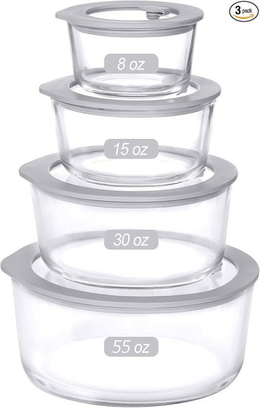 Glass Food Containers with Glass Lid, Microwave Safe Food Storage Container, Large 4 Pack Round Shape, Food Containers with Lids, Meal Prep containers with Leak Proof Lid.