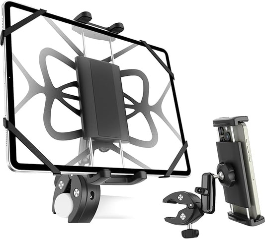 Bike Tablet Phone Holder with Silicone Security Band, Metal Arm 360° Rotation Tablet Handlebar Mount for Stationary Bicycle, Treadmill Fits iPad Pro/Air/Mini, Smartphones, 4-13'' Devices