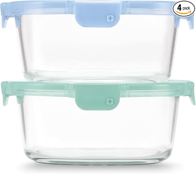 Ello Color Lock 7 Cup 4PC, 2 Pack Glass Meal Prep Sets Leak-Proof Glass Food Storage Containers with Airtight BPA-Free Plastic Lids, Dishwasher, Microwave, and Freezer Safe, Purple Rain