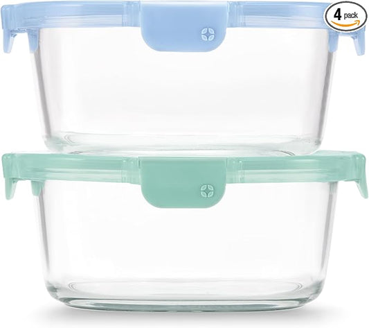 Ello Color Lock 7 Cup 4PC, 2 Pack Glass Meal Prep Sets Leak-Proof Glass Food Storage Containers with Airtight BPA-Free Plastic Lids, Dishwasher, Microwave, and Freezer Safe, Purple Rain