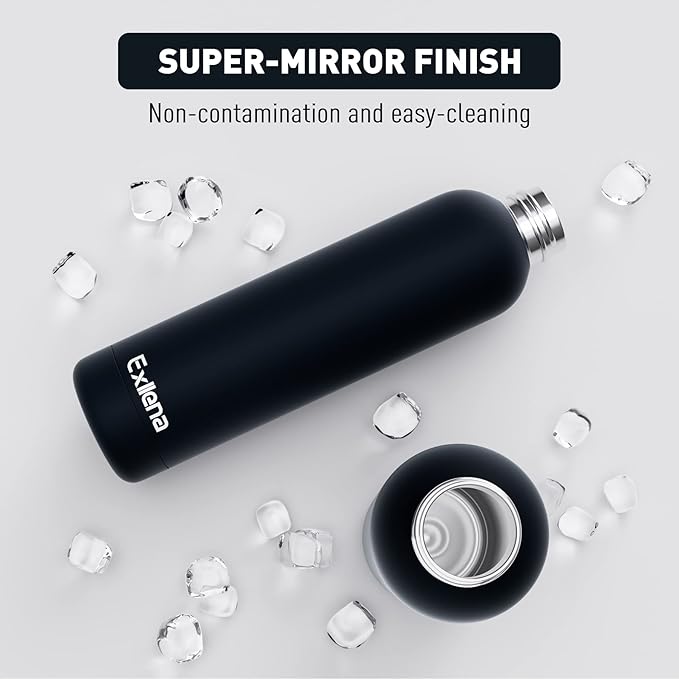 Slim Insulated Water Bottles for Travel 32oz with Clip, Double Wall Vacuum Stainless Steel Water Bottle Keeps Drinks Cold 24 Hrs/Hot 12 Hrs, 100% Leakproof, BPA Free (Black)