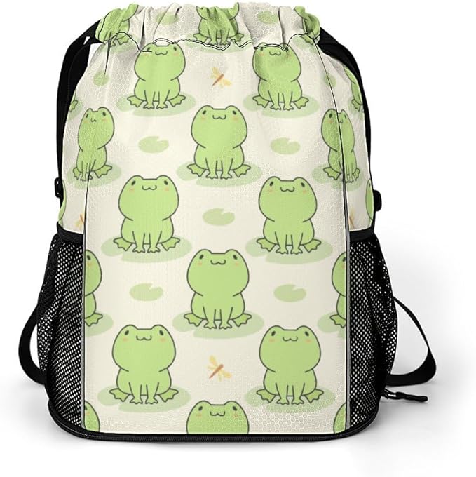 Frog Drawstring Backpack - Cute Cinch Sack, String Backpacks with Pocket for Kids Women Men Boys Girls for Gym Outdoor Sports Travel Athletic Drawstring Bag - Lightweight/Foldable