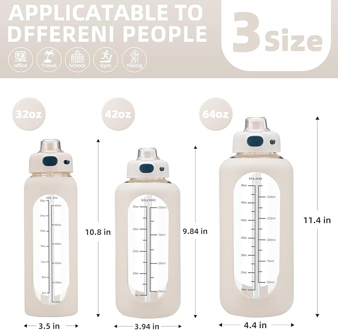 SIEROZUR 42 oz Glass Water Bottle with Straw and Handle, Large Sports Motivational Water Bottle Flask with Time Marker Leakproof Water Jug with Silicone Sleeve for Gym