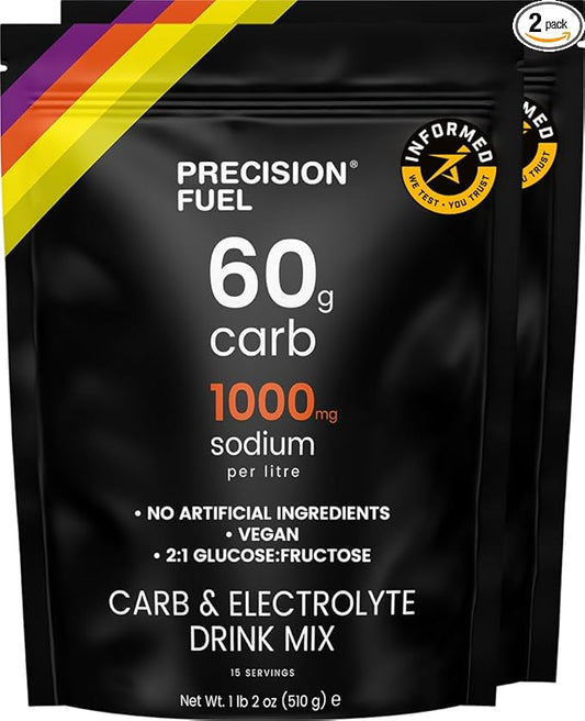 Precision Fuel PF 60 Carb & Electrolyte Drink Mix Powder for Hydration & Energy - Endurance Sports Nutrition, Vegan, Hypotonic - 60g Carb, 1000mg Sodium per Litre - Mild Citrus Flavor, 2-Pack