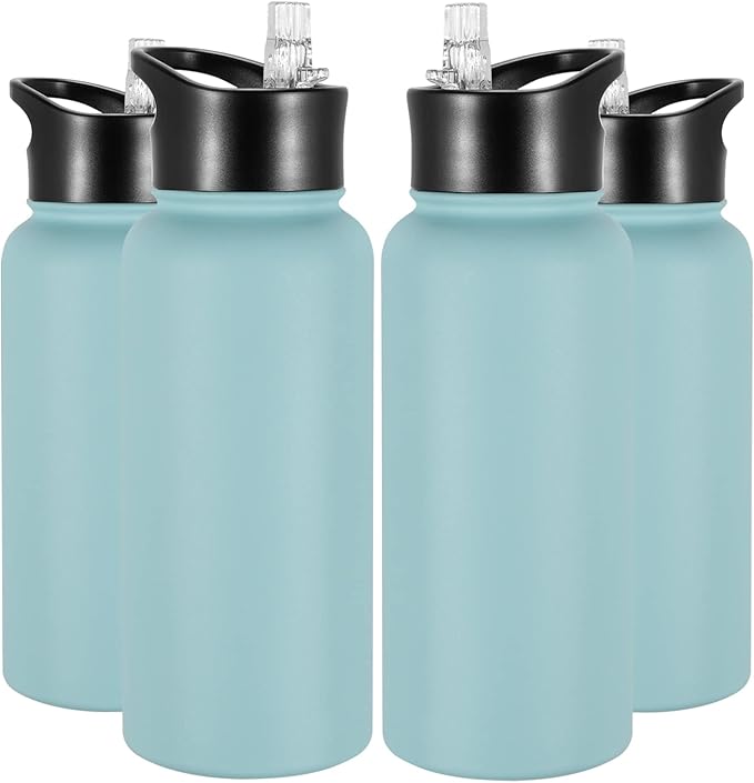 32 oz Insulated Water Bottle Bulk 4 Pack, Stainless Steel Sports Water Bottles with Straw Lid & Wide Mouth Lids, Double Walled Vacuum, Leak Proof, Turquoise Blue