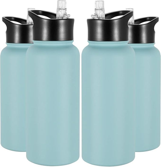 32 oz Insulated Water Bottle Bulk 4 Pack, Stainless Steel Sports Water Bottles with Straw Lid & Wide Mouth Lids, Double Walled Vacuum, Leak Proof, Turquoise Blue