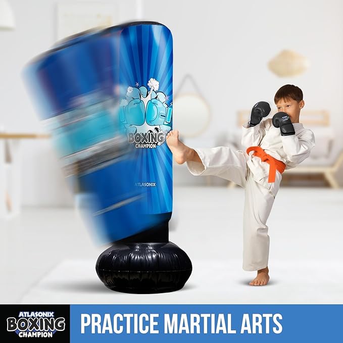 Inflatable Boxing Toy for Boys Age 4-8-12, Standing Kick Dummy, Karate Taekwondo Equipment, Fun Active Game, Birthday Party for Kids, Durable Punch Box Set