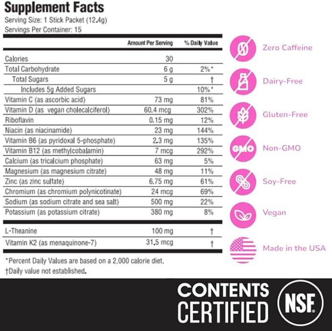 Electrolyte & Vitamin Supplement Powder, Drink Mix with B12, L-Theanine, D3, K2, Zinc, Magnesium, Potassium, Supports Calm Focus & Energy, Raspberry Lemonade, 15 Pack