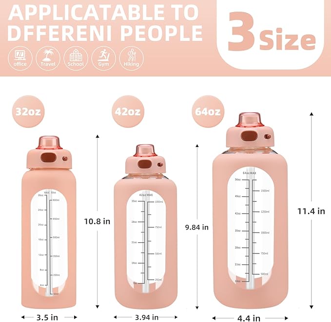 SIEROZUR 42 oz Glass Water Bottle with Straw and Handle, Large Sports Motivational Water Bottle Flask with Time Marker Leakproof Water Jug with Silicone Sleeve for Gym