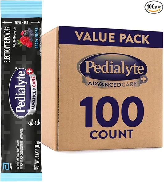 Pedialyte AdvancedCare Plus Electrolyte Powder, Has 33% More Electrolytes and PreActiv Prebiotics, Berry Frost, 100 Powder Packets