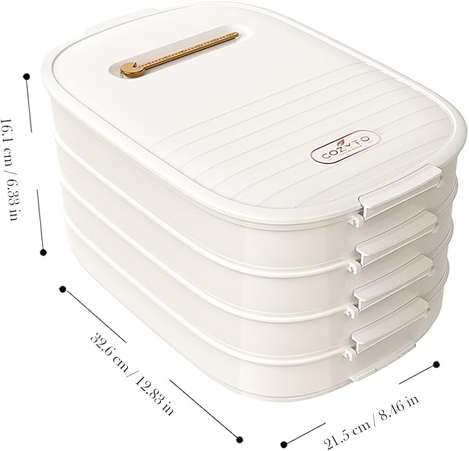 4-Layer Dumpling Storage Container – Freezer Organizer with Smart Timer, Good Sealing, Stackable Food Containers, Anti-Stick Base & Clip Lid (White Lid & White Box)