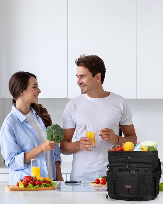 Lunch Box For Men Women Double Deck Insulated Lunch Bag For Men Woman Leakproof Expandable Cooler Bag with Adjustable Shoulder Strap for Work Picnic School(Black,Medium)