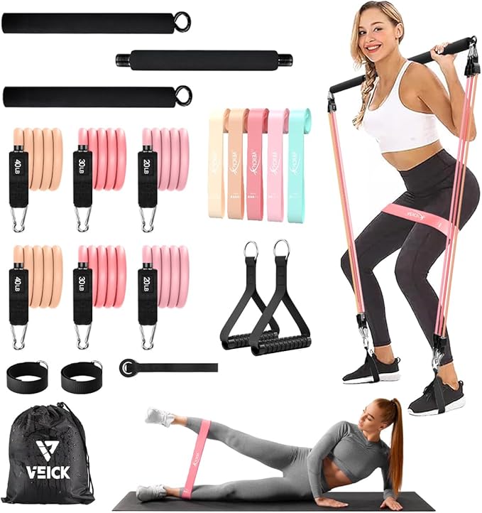 VEICK Pilates Bar Kit with Resistance Bands, Elastic Workout Bands for Men and Women, Set of 5 Resistance Loop Bands for Home Fitness, Stretching, Strength Training, Physical Therap