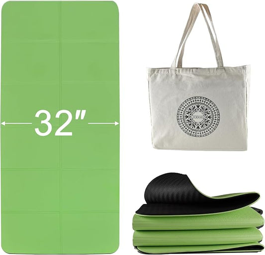 Foldable Yoga Mat 72" L x 32" W x 0.32 Inch Extra Thicked and Wided, Folding Yoga Mat for Travel with Canvas Carrying Bag, Non-Slip TPE Exercise Pilates Mat
