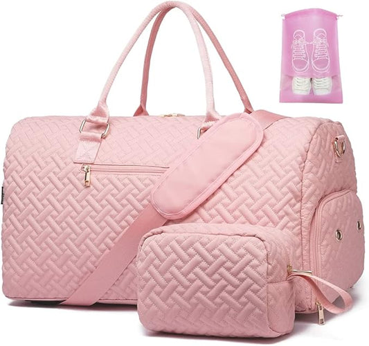 Duffle Bag for Travel, Weekender Bag with Shoe Compartment, Carry On Overnight Bag for Women with Toiletry Bag, Gym Bag with Wet Pocket, Hospital Bags for Labor and Delivery Beige