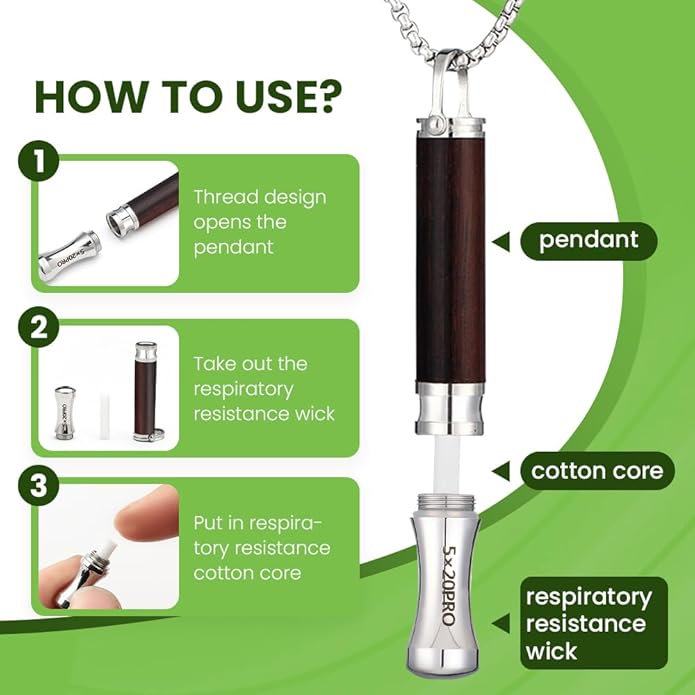 Breathing Necklace to Quit Smoking, Wood Breathing Necklace for Anxiety, Stress Relief, Stop Smoking, Includes Replaceable Unscented Cotton Filters