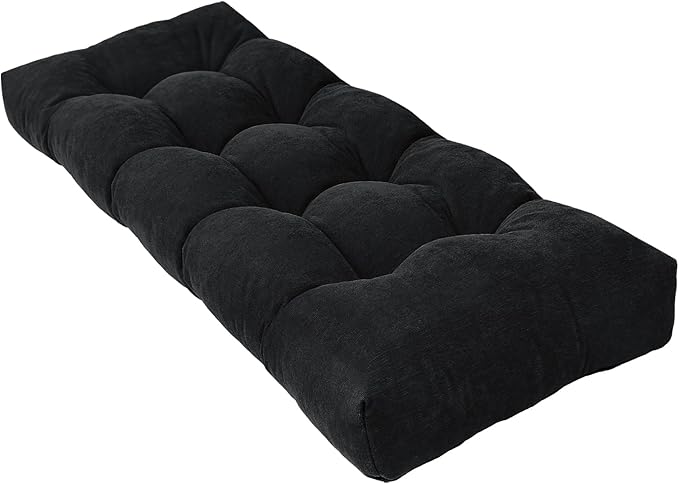 Bench Cushion 48 Inch - Chenille, High-Density Memory Foam, Non-Slip Bottom, Soft Durable Indoor Tufted Long Seat Cushion for Window Garden Furniture (Black, 48x16x4 Inch)