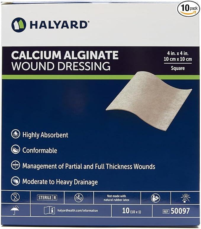 HALYARD Calcium Alginate Wound Dressing, Gentle Adhesive with Highly Absorbent Conformable Design, Maintains Structural Integrity 4 Inch x 4 Inch (Box of 10)