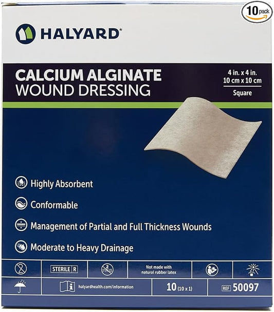 HALYARD Calcium Alginate Wound Dressing, Gentle Adhesive with Highly Absorbent Conformable Design, Maintains Structural Integrity 4 Inch x 4 Inch (Box of 10)