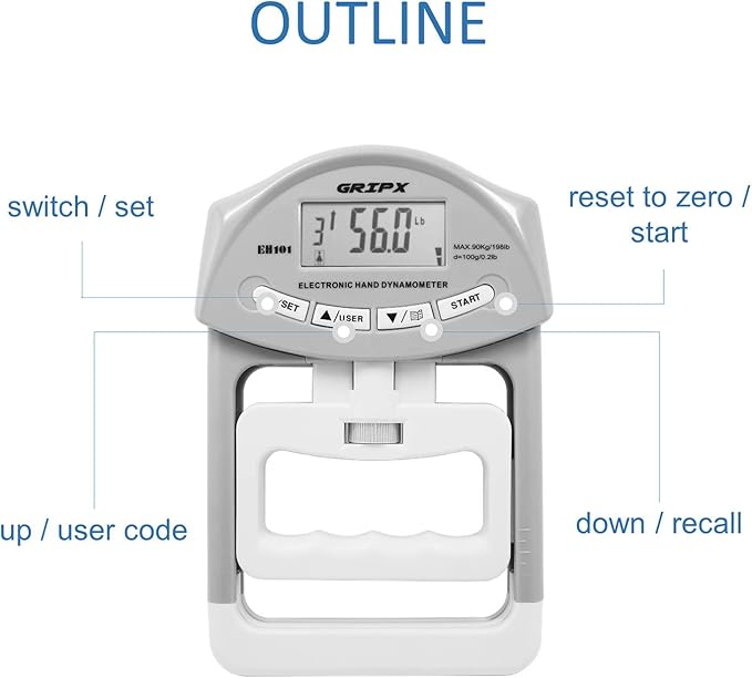 GRIPX Digital Hand Dynamometer Grip Strength Measurement Meter Auto Capturing Electronic Hand Grip Power 198Lbs / 90Kgs