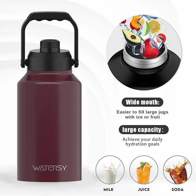 2/3 Gallon Water Bottle Insulated(Cold for 48 Hrs),BPA Free&Leak Proof,87oz Stainless Steel Water Jug/Flask,Big thermo,Large Water Bottle with Handle for Gym,Hiking,Camping,Brick Red
