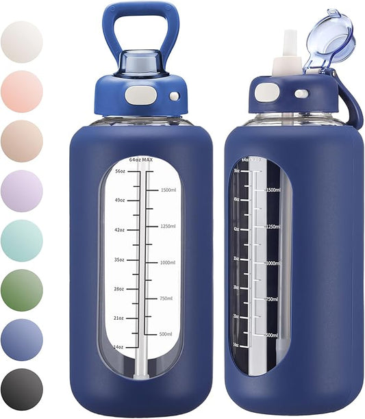 SIEROZUR 64 oz Glass Water Bottle with Straw and Handle Large Sports Motivational Water Bottle Flask with Time Marker Leakproof Water Jug with Silicone Sleeve for Gym