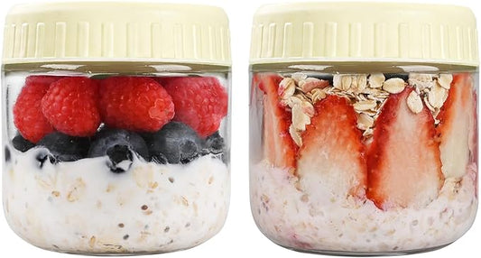 Overnight Oats Containers with Lids, 10oz Glass Jars with Lids 2 pcs, Milk White, Wide Mouth Mason jars for Salad, Yogurt, Snacks, Meal Prep