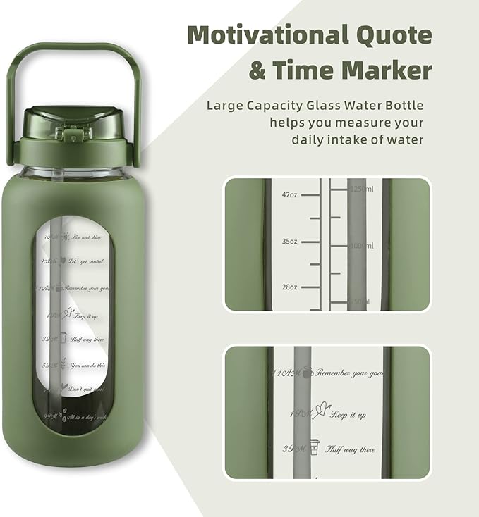 SIEROZUR 74oz Glass Water Bottle with Straw and Lid Large Gallon Water Jug with Silicone Sleeve and Handle 2.2 liter Wide Mouth Bottle with Time Marker for Gym Sports& Workout