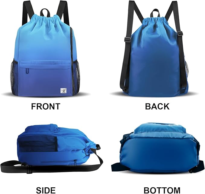 Drawstring Backpack with Mesh Pockets String Gym Bag Sackpack Sandproof Water Resistant Beach Backpack for Men Women