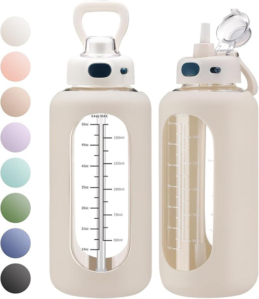 SIEROZUR 42 oz Glass Water Bottle with Straw and Handle, Large Sports Motivational Water Bottle Flask with Time Marker Leakproof Water Jug with Silicone Sleeve for Gym