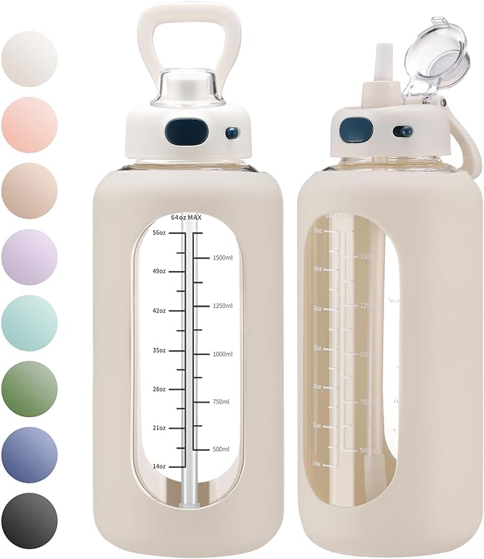 SIEROZUR 64 oz Glass Water Bottle with Straw and Handle Large Sports Motivational Bottle Flask with Time Marker Leakproof Jug with Silicone Sleeve for Gym