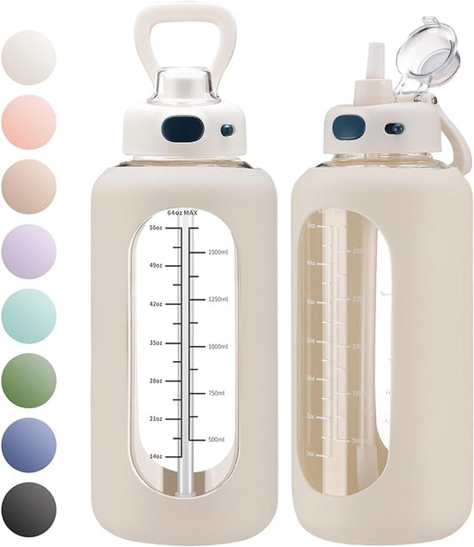 SIEROZUR 64 oz Glass Water Bottle with Straw and Handle Large Sports Motivational Bottle Flask with Time Marker Leakproof Jug with Silicone Sleeve for Gym