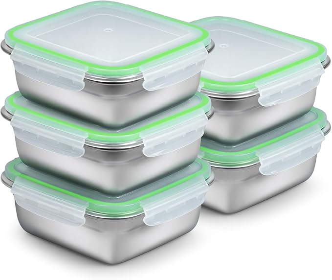 5 Pack Sandwich Containers, 24oz Stainless Steel Sandwich Box with Airtight Lids, Reusable Metal Meal Prep Lunch Boxes, BPA-Free, Dishwasher Safe, Food Storage Containers for Families (Green)