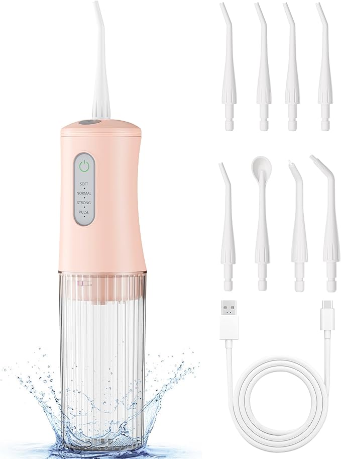 Cordless Water Flosser for Teeth Cleaning Pick - Electric Dental Irrigator with 4 Cleaning Modes & 8 Jet Tips, IPX7 Waterproof, Portable Rechargeable Design for Home & Travel Use, Pink