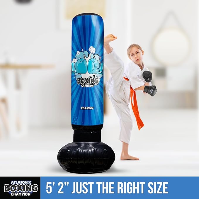 Inflatable Boxing Toy for Boys Age 4-8-12, Standing Kick Dummy, Karate Taekwondo Equipment, Fun Active Game, Birthday Party for Kids, Durable Punch Box Set