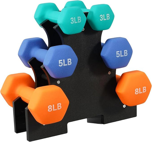 Neoprene Dumbbell Set for Women 2-5 lb | 3 Pairs Hand Weights Set with Rack, Hex Anti-Roll, Color-Coded Home Gym Gifts